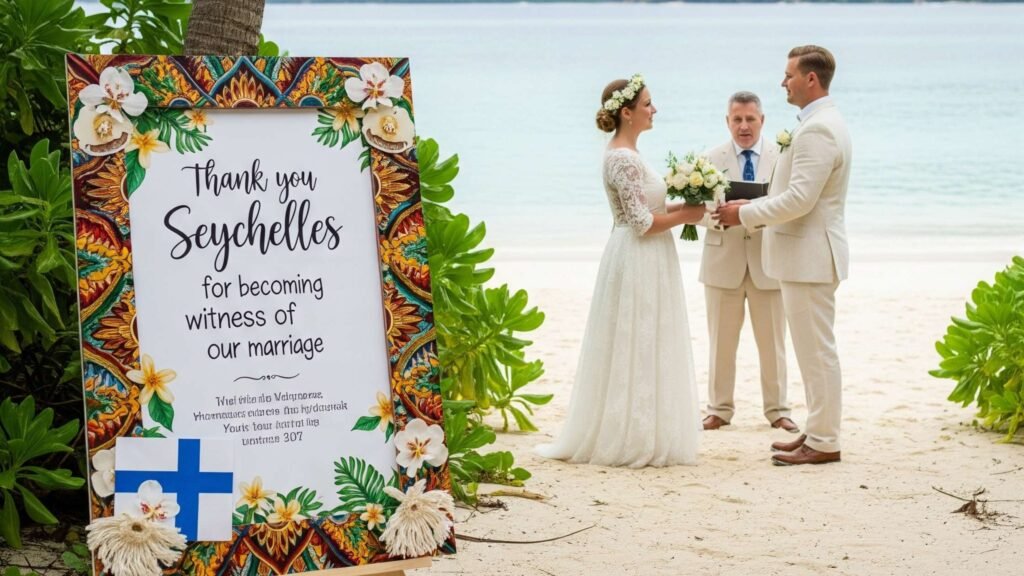 Finnish couple getting married on a Seychelles beach with an invitation board reading “Thank you Seychelles for becoming witness of our marriage.